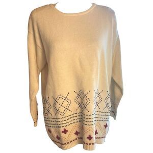 Womens Scandi Nordic Embroidered Ivory Sweater Sz M Rustic Cabincore Cozy VTG